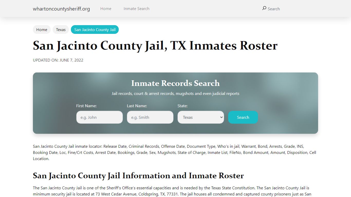 San Jacinto County Jail, TX Jail Roster, Name Search